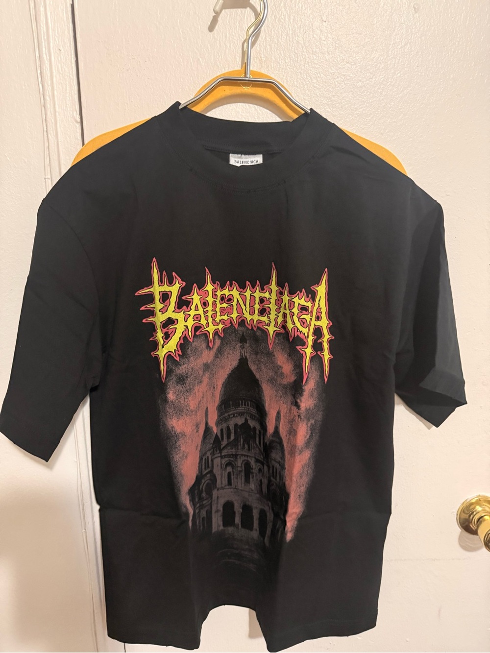 Balenciaga Black Graphic Logo Tee with Yellow & Red Print
